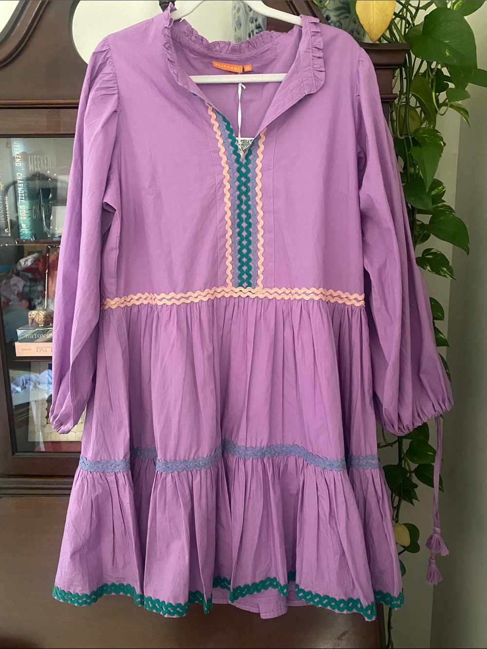 Oliphant Lilac Tiered Dress with Peach and Teal Trim